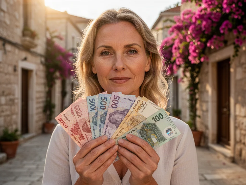Kobieta trzymająca w dłoniach banknoty leka albańskiego oraz euro na tle słonecznej, śródziemnomorskiej ulicy.