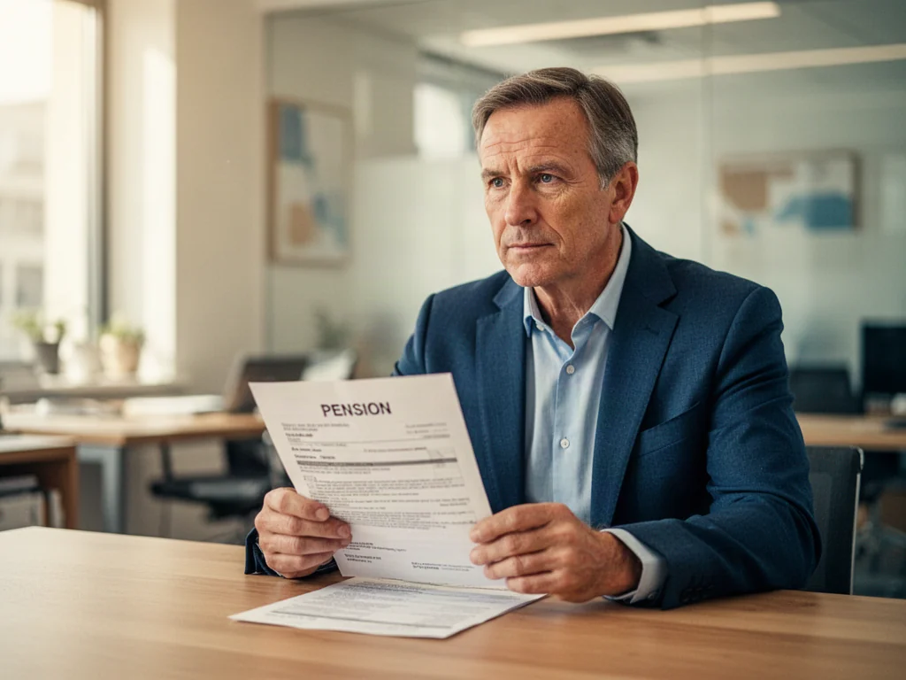 Mężczyzna w średnim wieku analizuje dokumenty emerytalne przy biurku w nowoczesnym biurze.