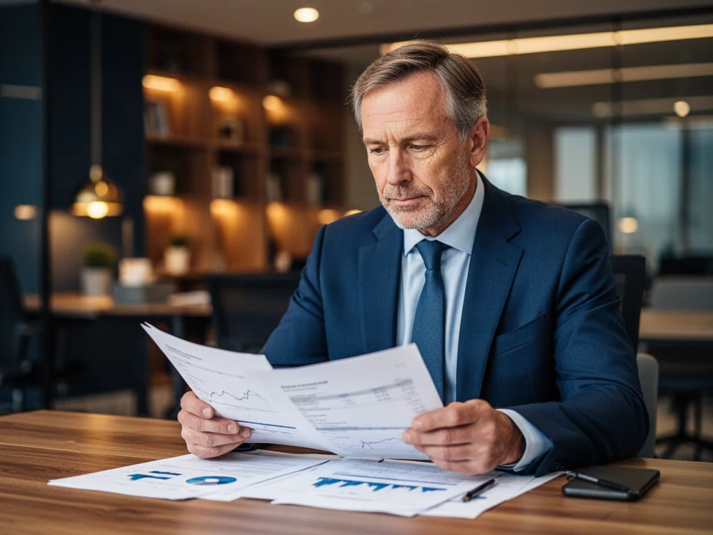 Mężczyzna w średnim wieku analizuje dokumenty finansowe przy biurku, planując swoją przyszłość emerytalną.