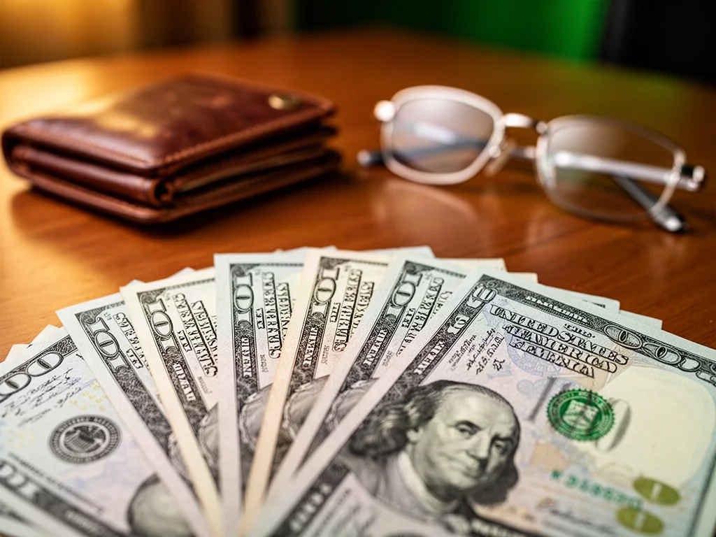 Wachlarz nowoczesnych banknotów dolarowych na drewnianym biurku z portfelem i okularami w tle.