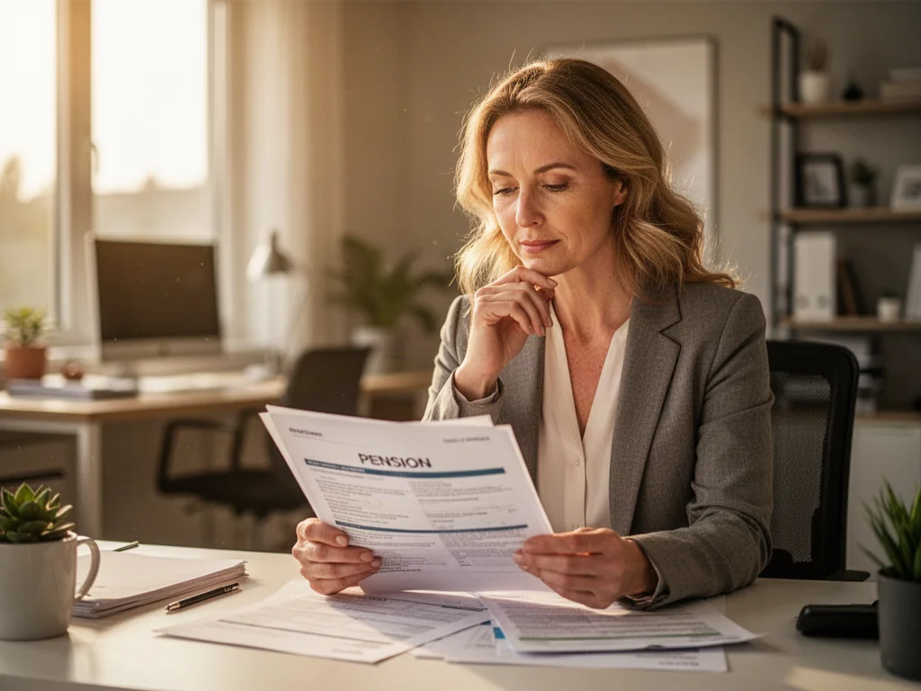 Kobieta przy biurku analizująca dokumenty emerytalne w jasnym, domowym biurze.