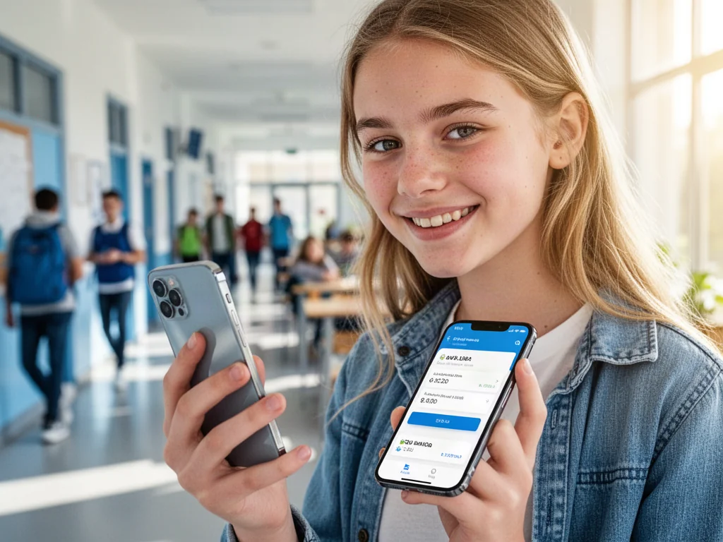 Uśmiechnięta nastolatka korzystająca z aplikacji bankowej na smartfonie w jasnym, nowoczesnym wnętrzu.